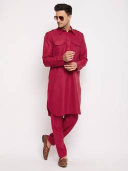 Vastramay - Men Maroon Cotton Blend Pathani Kurta (Set of 2)