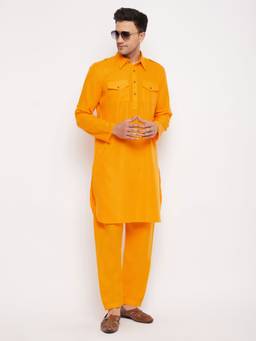 Vastramay - Men Mustard Cotton Blend Pathani Kurta (Set of 2)
