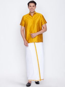Vastramay - Men Mustard Yellow and White Silk Blend Shirt And Mundu (Set of 2)