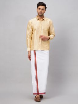 Vastramay - Men Gold And White Silk Blend Shirt And Mundu (Set of 2)