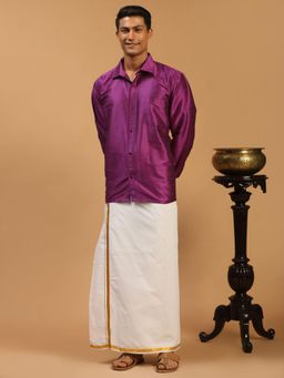 Vastramay - Men Purple And White Silk Blend Shirt And Mundu (Set of 2)