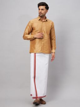 Vastramay - Men Rose Gold And White Silk Blend Shirt And Mundu (Set of 2)