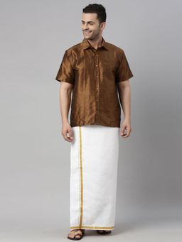 Vastramay - Men Coffee And White Silk Blend Shirt And Mundu (Set of 2)