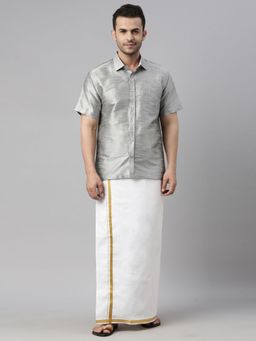 Vastramay - Men Grey And White Silk Blend Shirt And Mundu (Set of 2)