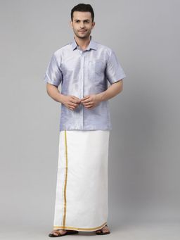 Vastramay - Men Lavander And White Silk Blend Shirt And Mundu (Set of 2)