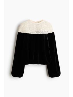 H&M - Women Black Dual-Fabric Bubble-Hem Top