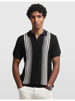 Arrow Sports - Black Men's Vertical Striped Regular Fit Polo T-shirt
