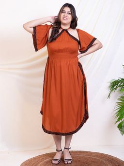 Deebaco - Brown Halter Neck With Bell Sleeve A-Line Plus Size Slit Dress