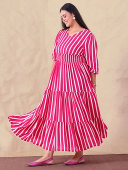 Deebaco - Striped Pure Rayon Women Tiered Plus Size Maxi Dress