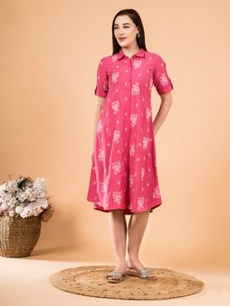 Saffron Threads - Pink Floral Embroidered Button-Down Dress