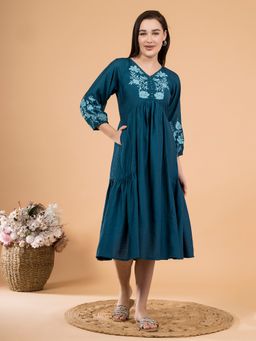 Saffron Threads - Teal Boho Floral Embroidery Dress