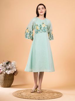 Saffron Threads - Sea Green Serene Bloom Embroidered Dress