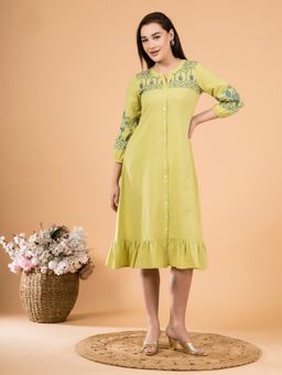 Saffron Threads - Lime Green Boho Embroidered Midi Dress