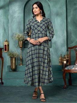 Saffron Threads - Blue Floral Grid Shirt Collar Midi Dress