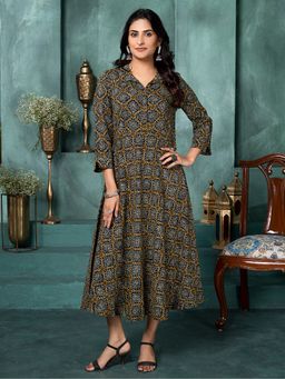 Saffron Threads - Olive Floral Grid Shirt Collar Midi Dress