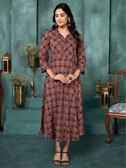 Saffron Threads - Red Floral Grid Shirt Collar Midi Dress