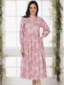 Saffron Threads - Pastel Pink Modernist Floral Midi Dress