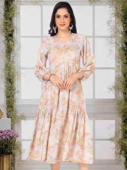 Saffron Threads - Moccasin Yellow Modernist Floral Midi Dress