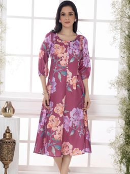 Saffron Threads - Mystic Pink Floral Elegance Midi Dress