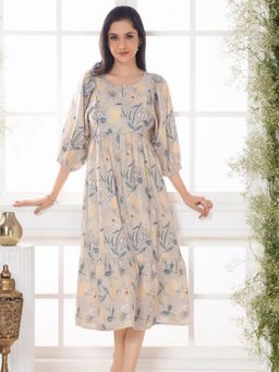 Saffron Threads - Sand Grey Florette Leaf Midi Dress