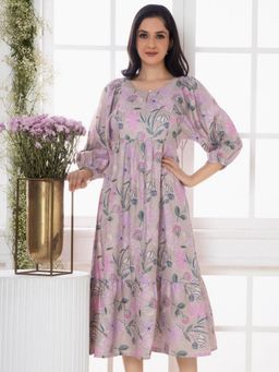 Saffron Threads - Periwinkle Lavender Florette Leaf Midi Dress