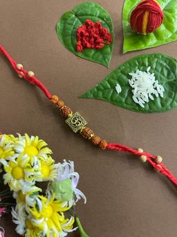 Digital Dress Room - Designer Chandan Rakhi Om Designs Rudraksha Beads Red Thread Rakhi