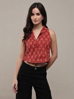 Libas - Red Floral Motif and Striped Printed Front Open Top