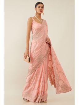 Soch - Women Pink Chiffon Embroidered Saree with Unstitched Blouse