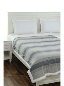PLUCHI - Regular Stripe Grey Natural Cotton Knitted Single Bed Blanket layered with Warm Sherpa