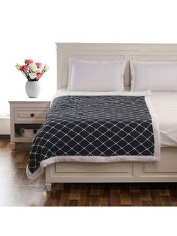 PLUCHI - Geo Black and White Cotton Knitted Single Bed Blanket layered with Warm Sherpa Fabric