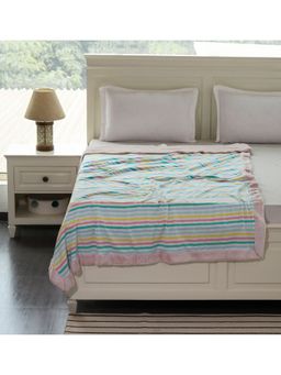 PLUCHI - Multi Vibe with Multicolour Stripes Single Bed Cotton Knitted Blanket with Fur Back
