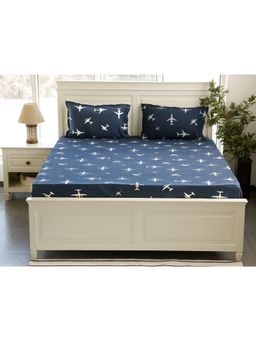 PLUCHI - Fly in the Sky Navy King Size Double Bed Fitted Sheet with 2 Pillow Covers Set