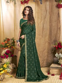 Odette - Green Designer Foil Printed Saree with Unstitched Blouse