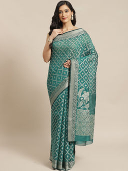 Indethnic - Banarasi Sea Green Woven Design Work Wear Saree With Unstitched Blouse