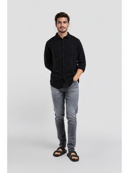 Crocodile - Cotton Blend Textured Black Casual Shirt