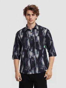 HIGHLANDER - Men Black Olive Printed Jacquard Textured Korean Style Oversized Shirt