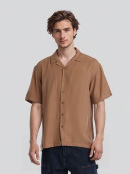 HIGHLANDER - Men Rust Solid Cuban Collar Relaxed Soft Shirt