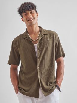 HIGHLANDER - Men Brown Round Neck Self Desgin Relaxed Shirt