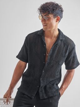 HIGHLANDER - Men Black Embroidered Crochet Cuban Collar Relaxed Shirt