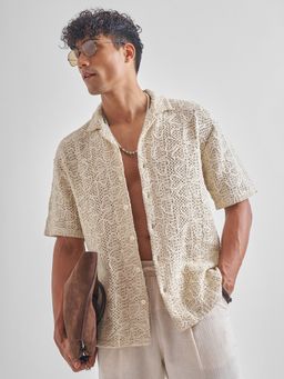 HIGHLANDER - Men Beige Embroidered Crochet Cuban Collar Relaxed Shirt