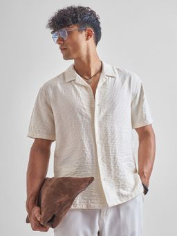 HIGHLANDER - Men Cream Lino Dobby Jacquard Textured Relaxed Shirt