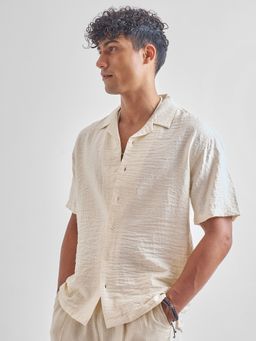 HIGHLANDER - Men Cream Lino Dobby Jacquard Textured Relaxed Shirt