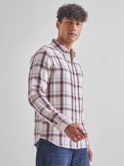 HIGHLANDER - Men Maroon Cream Dobby Textured Checked Casual Slim Shirt