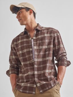 HIGHLANDER - Men Brown Seer Sucker Relaxed Checked Shirt