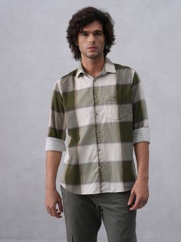 CRIMSOUNE CLUB - Men Checks Olive Shirt