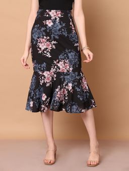 Exude - Black Radiant Reflections Floral Midi Skirt