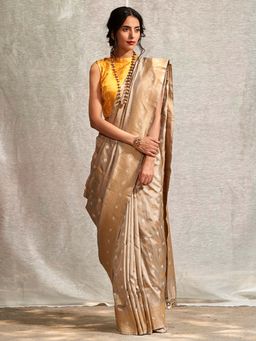 WeaverStory - Handloom Beige And Gold Dual Tone Banarasi Saree With Unstitched Blouse