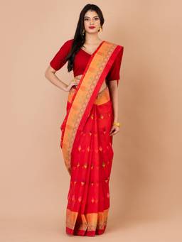 LAA CALCUTTA - Red and Multi Pure Cotton Tant Saree