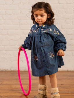 TIDY SLEEP - Navy Blue Embroidered Button Down Shirt Dress