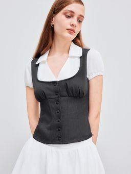 Cider - Woven Collar Two Tone Short Sleeve Blouse